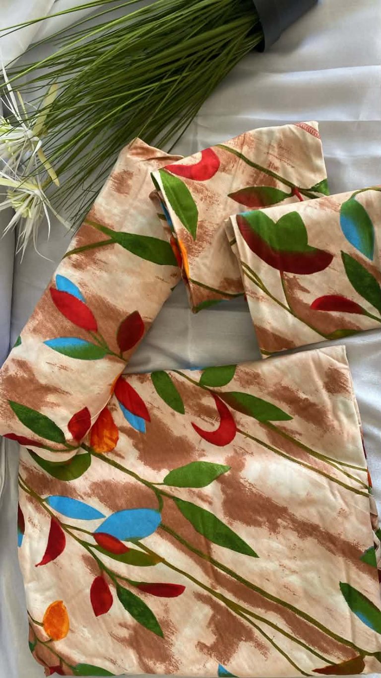 Parure drap housse beige feuillage coloré